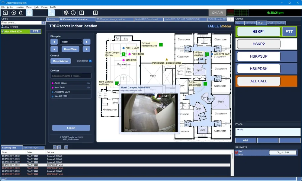 TRBOdispatch console showing indoor floor-plan location with a live video feed