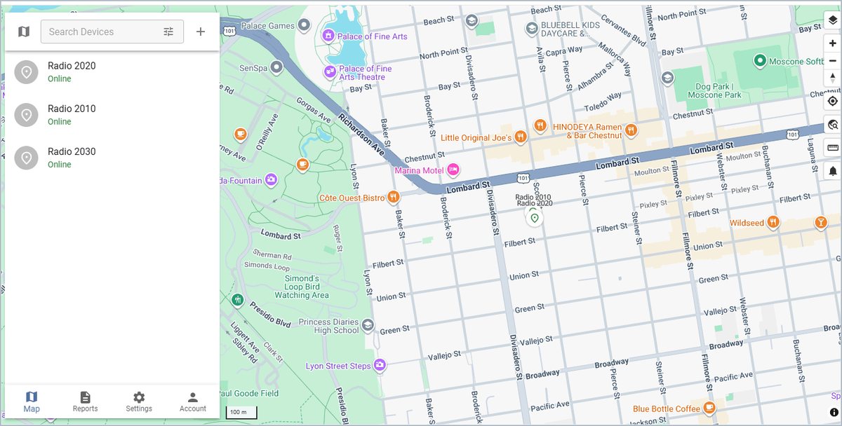 TRBOmap live GPS map showing tracked radios and vehicles